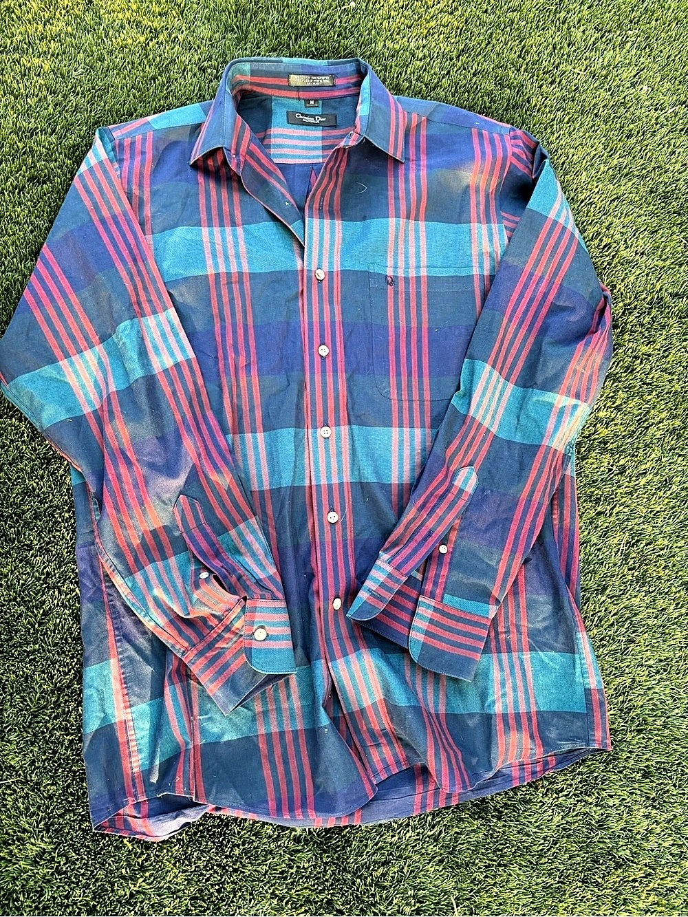 Christian Dior Monsieur Casual Button Down Shirts Blue Red Size M